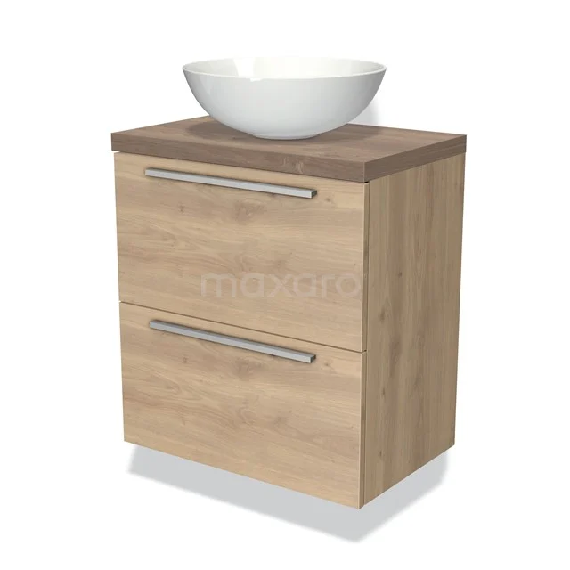 Hölzernes Badezimmermöbel mit Aufsatzwaschbecken, hell Eiche, 2 Schubladen und metallischen Griffen; modernes und kompaktes Design.