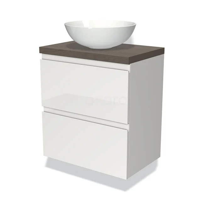 Weißes Badezimmermöbel mit Holzplatte und rundem Aufsatzwaschbecken, modernes Design, ideal für eine stilvolle und praktische Badezimmergestaltung.