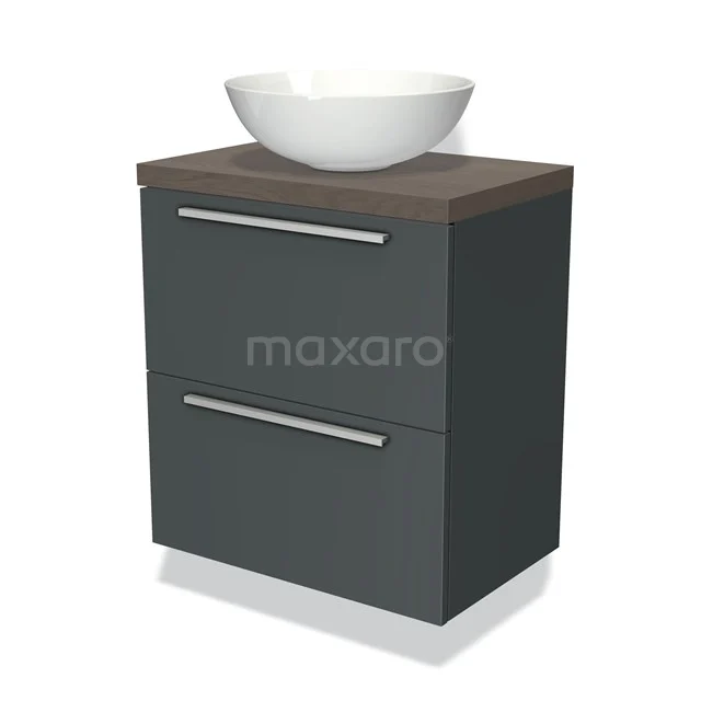 Badmöbel für Aufsatzwaschbecken 60cm Modulo Plato Slim Dunkelgrau 2 Schubladen Flach BMK37-00883 Dunkelgraue Badmöbelset mit Holzplatte und keramischem Aufsatzwaschbecken, perfekt für ein modernes Badezimmer.