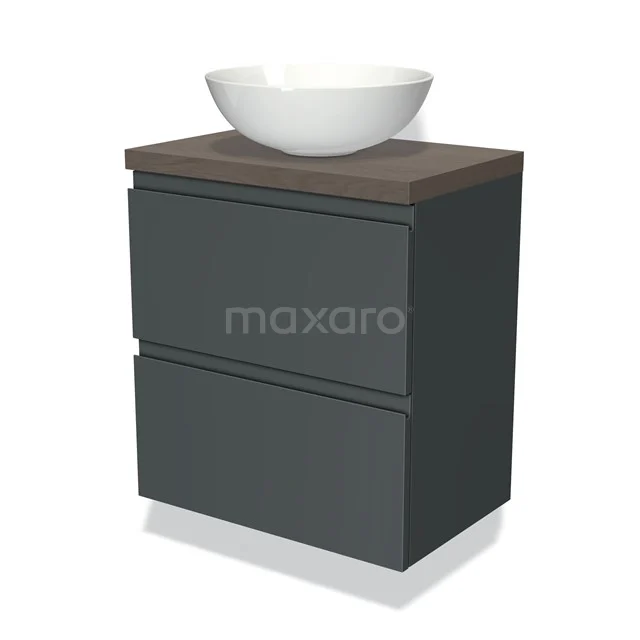 Donkergrijze badkamermeubelset met houten blad en witte waskom, modern design.