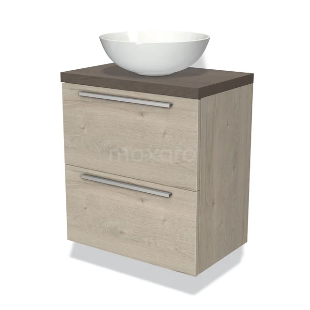 Houten badkamermeubel met wastafel, licht eiken afwerking, met RVS grepen en donker blad; ideaal voor eigentijdse badkamers.