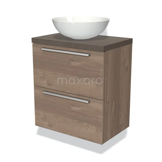 Houten badkamermeubel met twee lades, donkerbruine finish, inclusief opbouw waskom en zilverkleurige handgrepen.