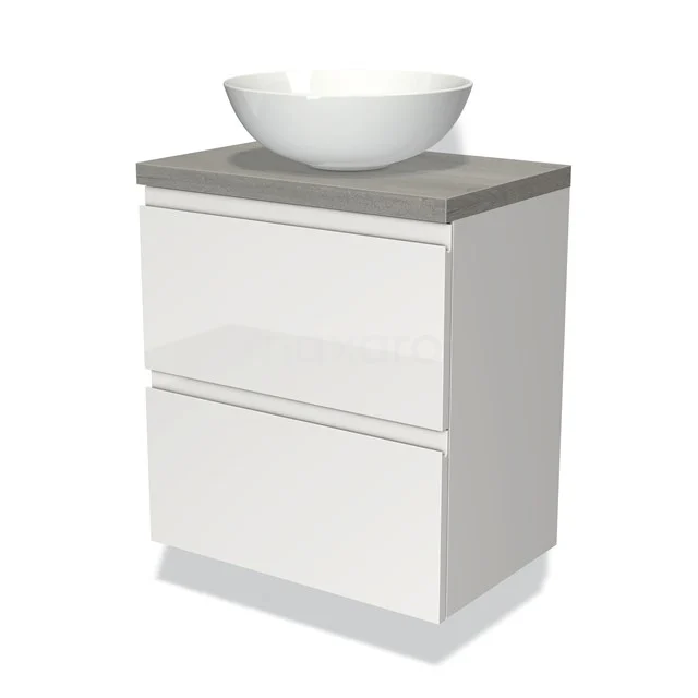 Weißes Badezimmermöbel mit zwei Schubladen, betongrauer Platte und rundem Aufsatzwaschbecken; modernes Design für kompakte Bäder.