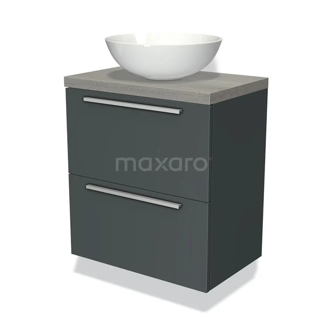 Graue Badmöbelset mit Holzplatte, zwei Schubladen und weißem rundem Waschbecken; modernes Design ideal für kleine Bäder.