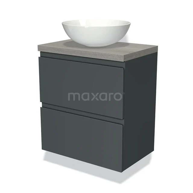 Dunkelgrau Badmöbel mit zwei Schubladen, Grau Stein Platte und einem runden weißen Aufsatzwaschbecken, modernes Design.