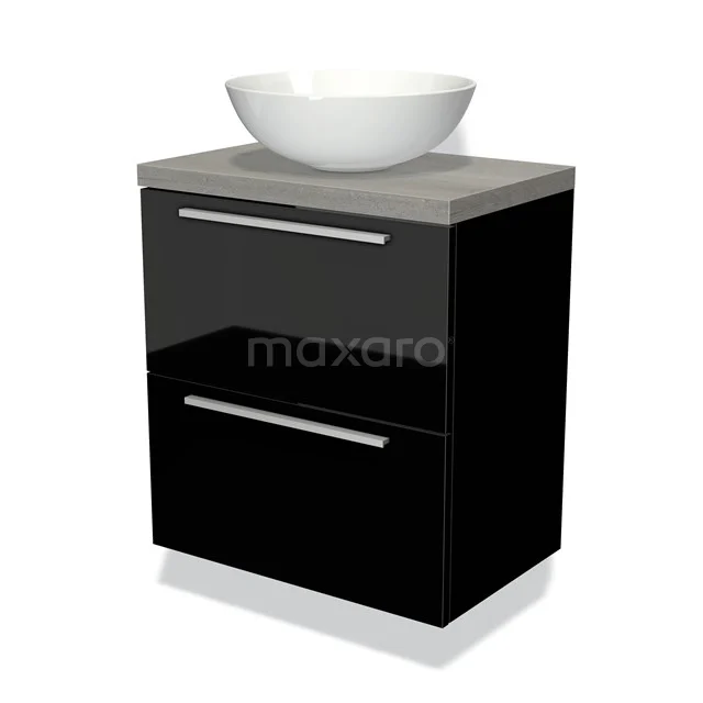 Schwarz glänzendes Badmöbel mit keramischem Waschbecken, metallischen Haltegriffen und Beton Platte, kompaktes Design.