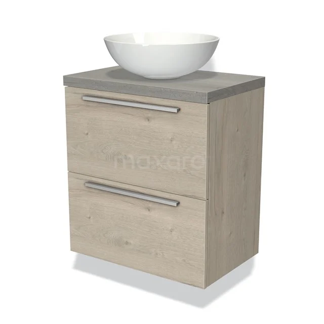 Houten badkamermeubel met grijs blad en witte keramische waskom, modern ontwerp met twee lades en metalen handgrepen.