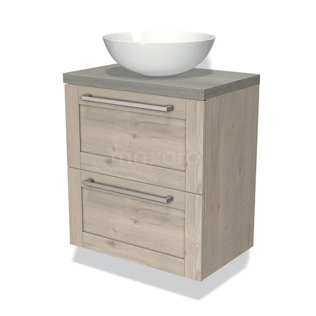 Houten badkamermeubel met twee lades, grijs betonlook blad en ronde waskom, ideaal voor een moderne badkamerstijl.