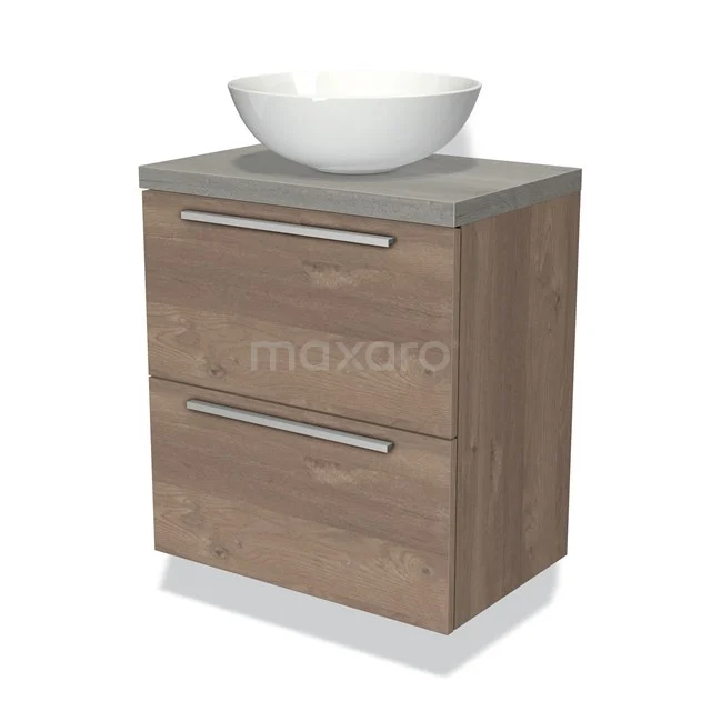 Houten badkamermeubel met betonnen wastafelblad, witte ronde kom en 2 lades, stijlvol design voor moderne badkamers.