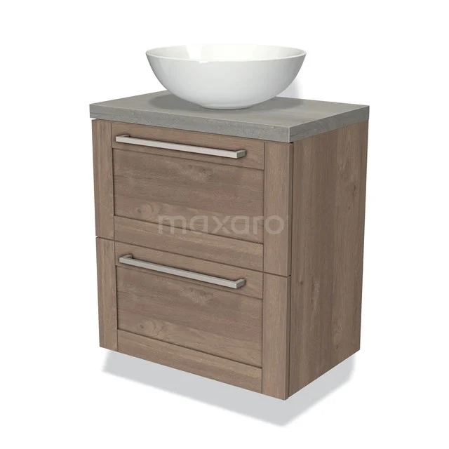 Houten badkamermeubel met twee lades, grijs wastafelblad en witte waskom. Modern design, ideaal voor een stijlvolle badkamer.