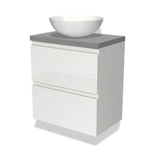 Weißes Badezimmermöbel mit grauer Waschtischplatte, keramischem runden Aufsatzwaschbecken und 2 Schubladen, modernes Design.