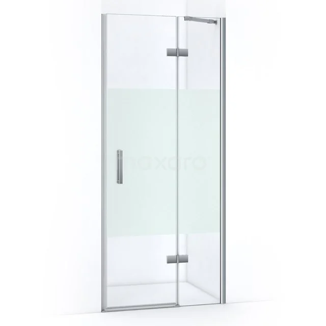 Glass shower door with chrome hinges, frosted glass accent and modern design; ideal for any stylish bathroom.
