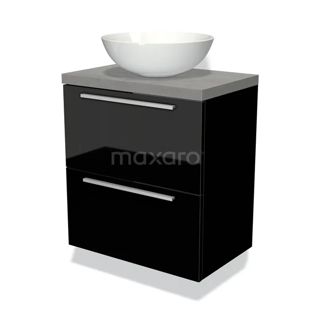 Schwarz glänzendes Badmöbel mit keramischem Aufsatzwaschbecken, 2 Schubladen und metallischen Haltegriffen, modernes Design.