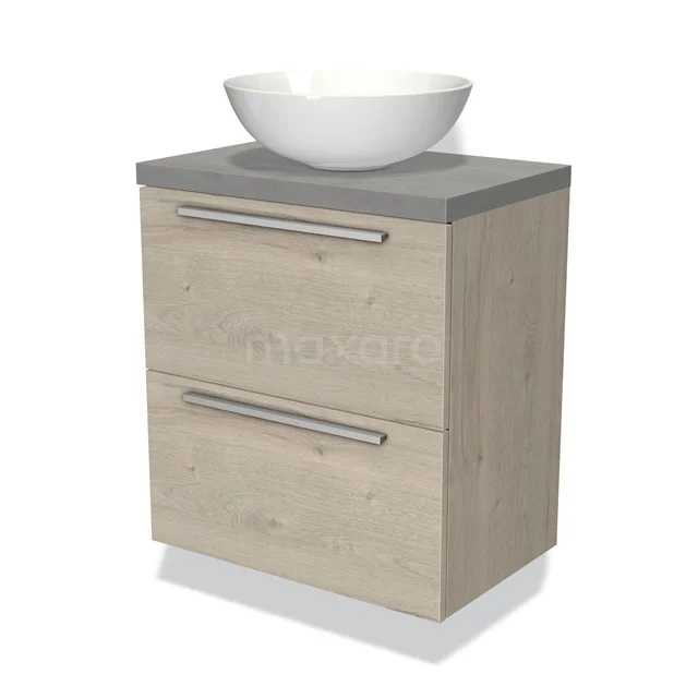 Houten badkamermeubel met 2 lades, betonlook wastafelblad en witte ronde waskom, modern design voor een stijlvolle badkamer.