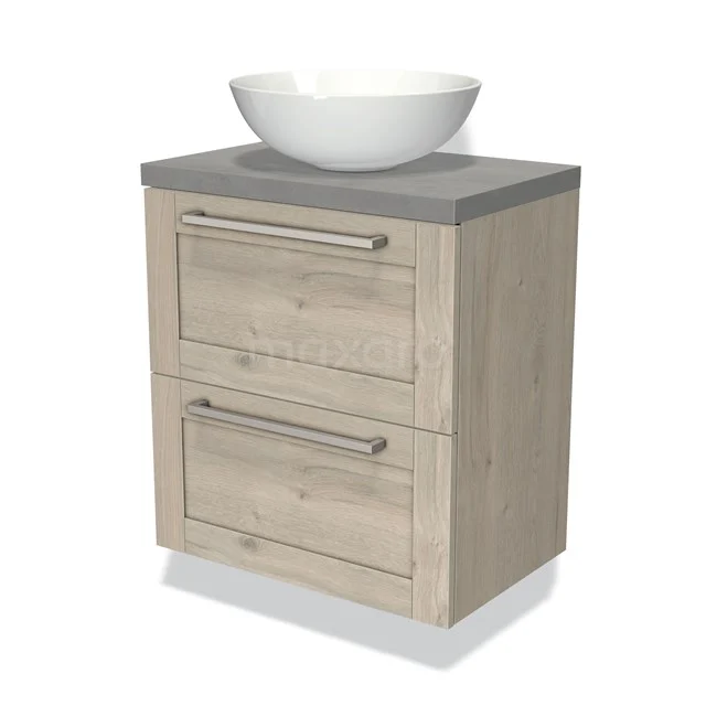 Wooden bathroom unit with two drawers and a white surface-mounted countertop wash basin, grey worktop and modern design.