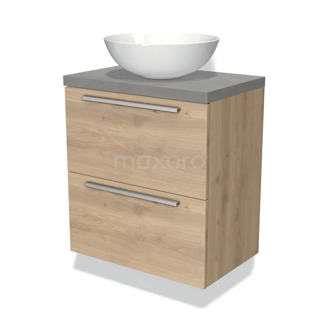 Holz Badezimmermöbel mit zwei Schubladen, Grau Platte und weißen keramischen Aufsatzwaschbecken, modernes und kompaktes Design.