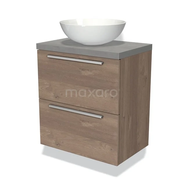 Houten badkamermeubel met grijs blad, twee lades en witte waskom; modern design voor een stijlvolle badkamer.