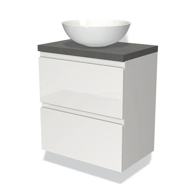 Wit badkamermeubel met zwarte bovenblad en opbouw wastafel, modern design met twee laden voor optimale opbergruimte.