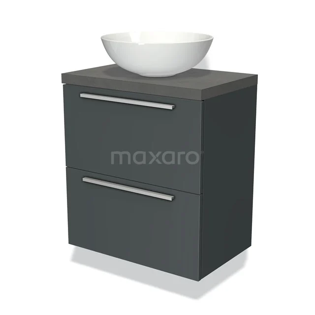 Grijze badkamerkast met keramische waskom, twee lades en strak design, perfect voor moderne badkamers.