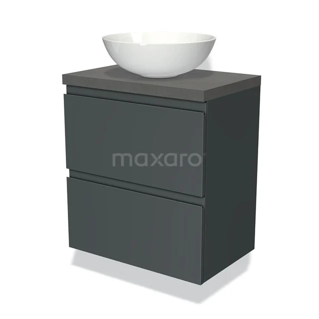 Moderne antraciet badkamermeubelset met witte komvormige wastafel, strak design, ideale opberger voor de badkamer.