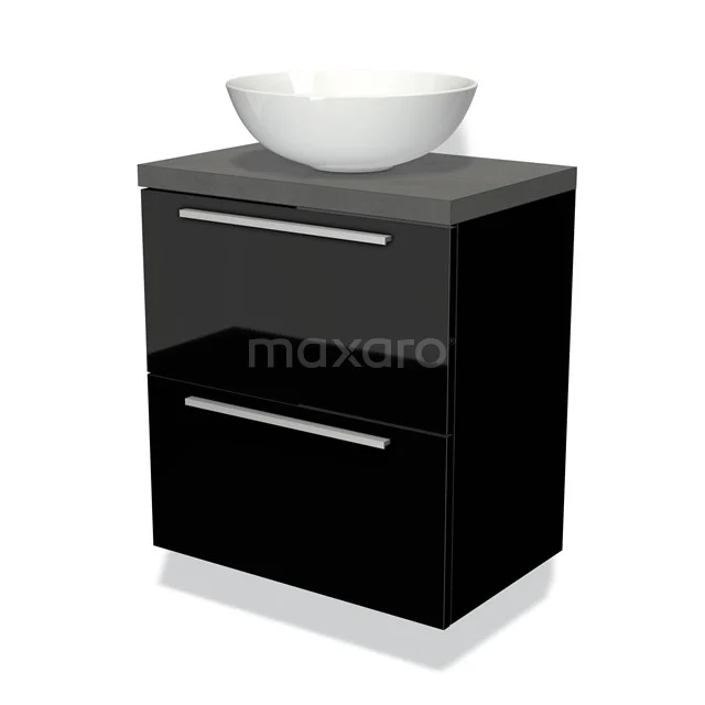 Zwarte badkamermeubelset met glanzende afwerking, twee lades en een witte keramische waskom, modern en compact ontwerp.