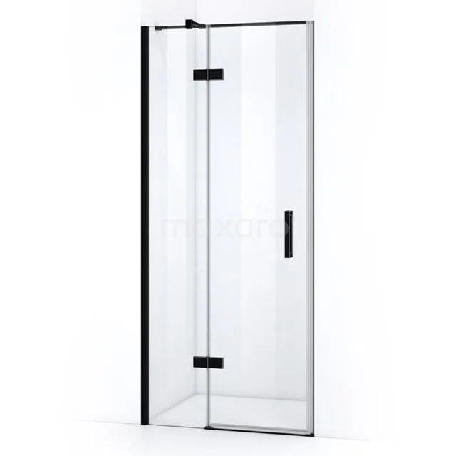 Glass shower door with black frame and swivel design, perfect for a modern bathroom.