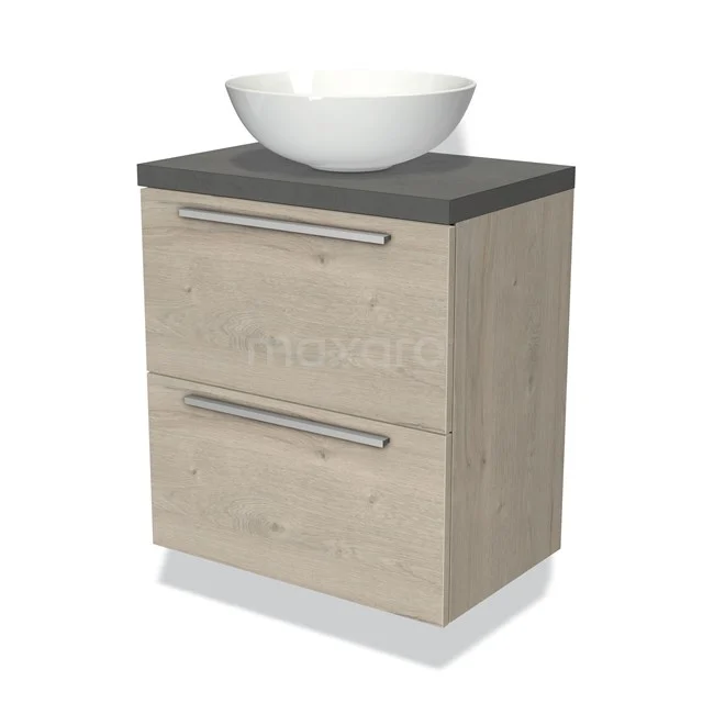 Houten badkamermeubel met een grijze wastafelblad en witte ronde waskom, modern design met metalen handgrepen.