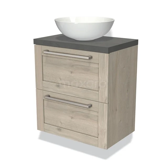 Licht eikenhouten badkamermeubel met twee lades, zwart blad en witte waskom, modern design.