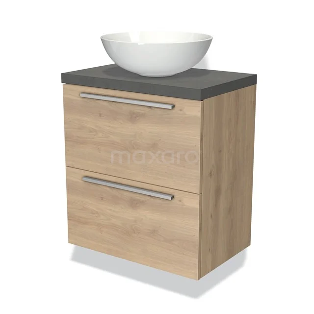 Houten badkamermeubel met 2 lades, zwarte bovenblad en witte opzetwaskom, modern design voor een stijlvolle badkamer.