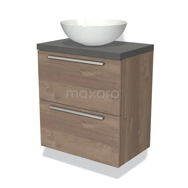 Houten badkamermeubel met grijs blad, twee lades en witte keramische waskom, ideaal voor moderne badkamerinterieurs.
