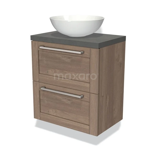 Houten badkamermeubel met waskom, natuurlijke houtlook, twee lades met metalen grepen, ideaal voor moderne badkamerinrichting.