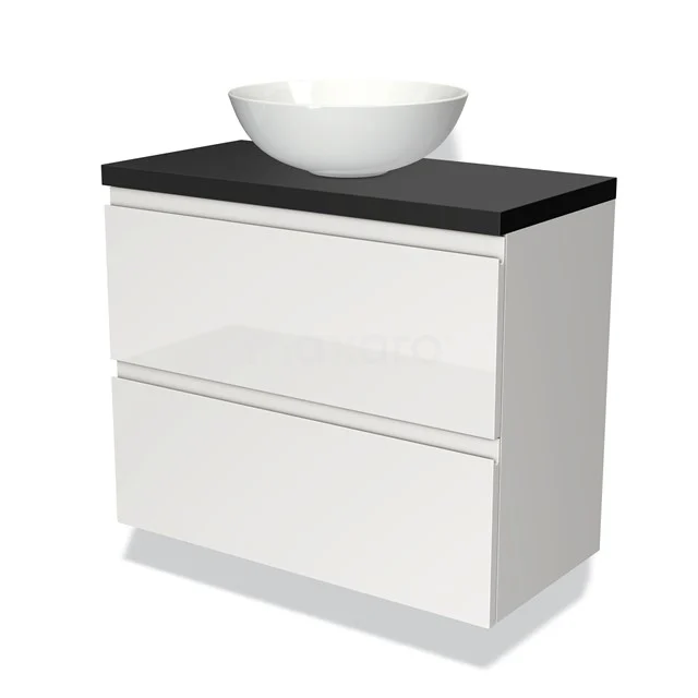 Weißes Badezimmermöbel mit schwarzer Oberplatte, keramischem Waschbecken und zwei Schubladen, modernes Design ideal für moderne Bäder.