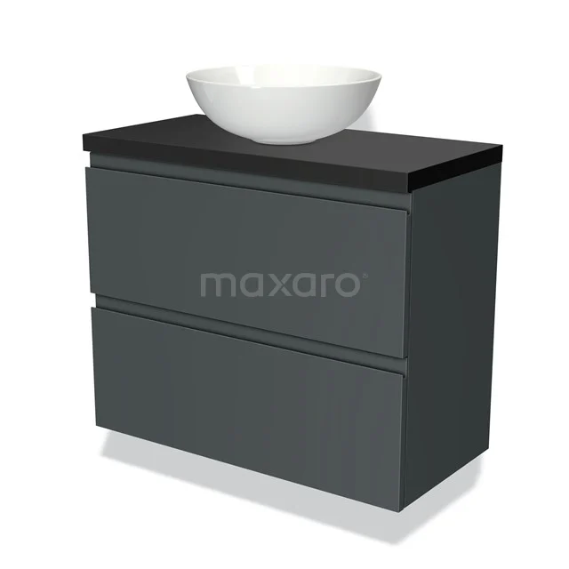 Dunkelgraue Badmöbelset mit zwei Schubladen, schwarzer Oberseite und rundem weißen Aufsatzwaschbecken, geeignet für modernen Badezimmerstil.