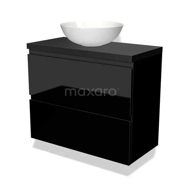 Zwarte badkamermeubel met hoogglans afwerking en witte ronde waskom, modern design voor stijlvolle badkamerinrichting.