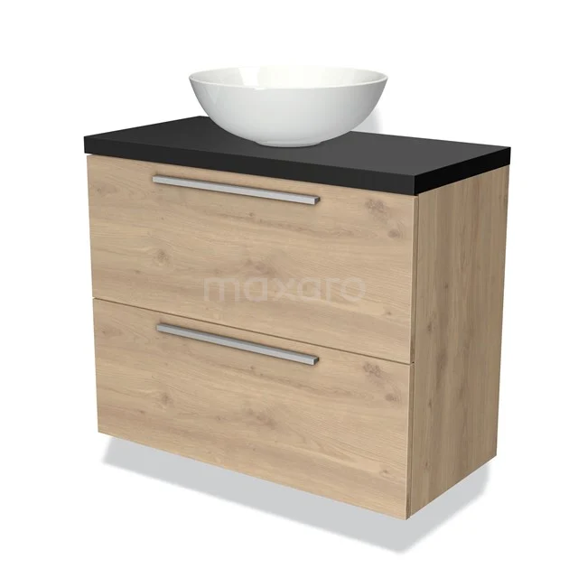 Hölzernes Badezimmermöbel mit schwarzer Platte, zwei Schubladen und keramischem Aufsatzwaschbecken. Modernes und stilvolles Design für jedes Badezimmer.