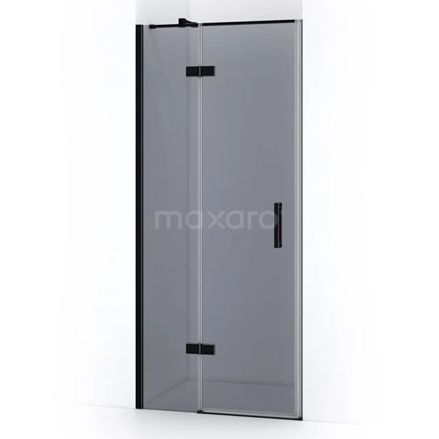 Matte black shower door with frosted glass, sleek design and hinges, perfect for a modern bathroom style.