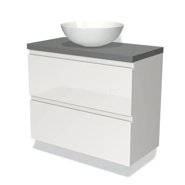 Weißes Badezimmermöbel mit grauer Platte und runder keramischer Aufsatzwaschbecken, modernes Design mit zwei Schubladen.