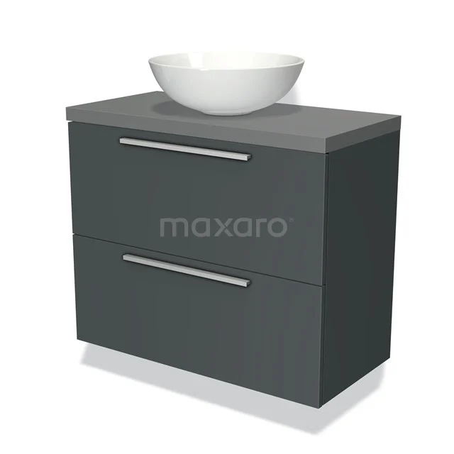 Donkergrijze badkamermeubelset met twee lades, chromen handgrepen en witte wastafelkom, modern design.