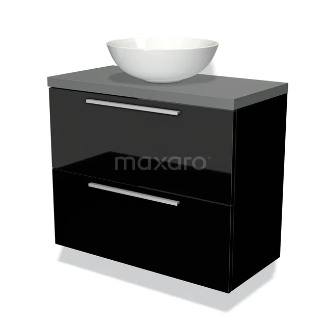 Schwarz glänzendes Badmöbel mit weißem rundem Aufsatzwaschbecken, grauer Platte und doppelter Schublade, modernes Design.