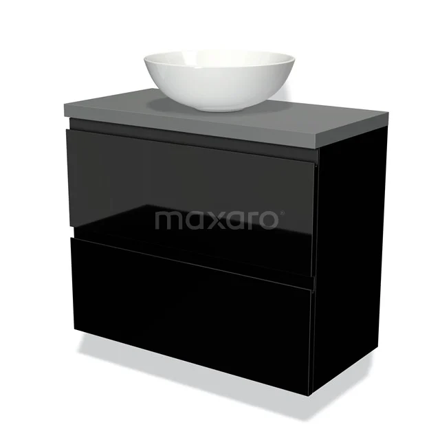 Black glossy bathroom unit with grey worktop and white countertop wash basin, modern design.