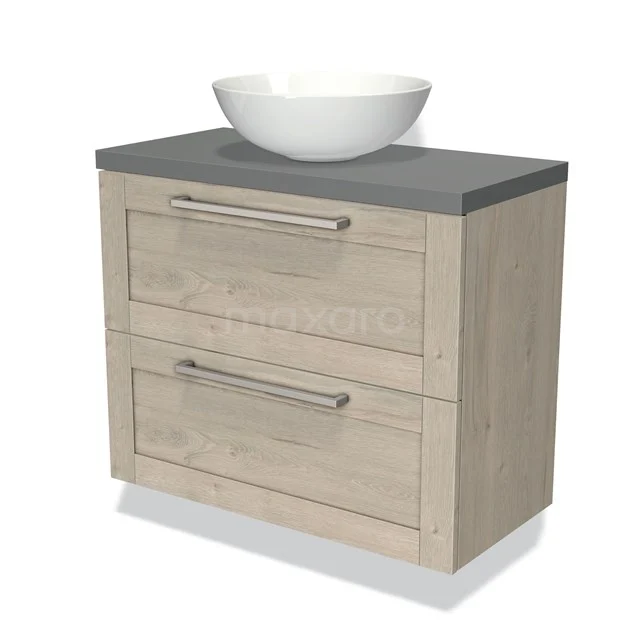 Houten badkamermeubel met 2 lades, grijs blad en witte komvormige wasbak, stijlvol en functioneel badkamerdesign.