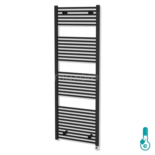 Elektro-Heizkörper Mars Matt Schwarz 875 Watt 60x170cm Vertikal Stahl DR16-0617SB-E Schwarzer Design-Handtuchheizkörper mit horizontalen Rohren, ideal zur Heizung und Handtuchtrocknung in modernen Bädern.
