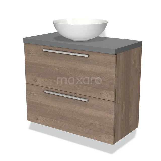 Modulo Plato Slim Badkamermeubel voor waskom | 80 cm Middenbruin eiken Vlak front Middengrijs blad 2 lades onder elkaar BMK37-01043