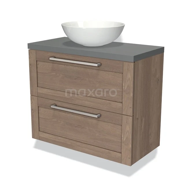 Houten badkamermeubel met grijze blad, twee lades en witte wastafelkom. Modern design, perfect voor een stijlvolle badkamer.