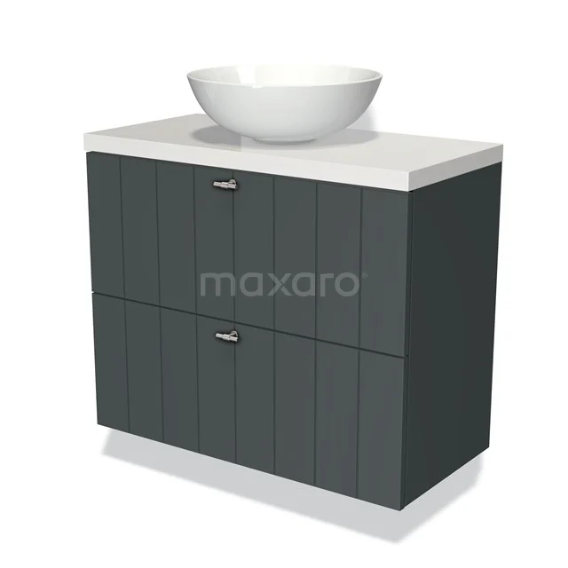Dark grey bathroom cabinet with two drawers, white countertop wash basin and worktop, modern design made of wood material.
