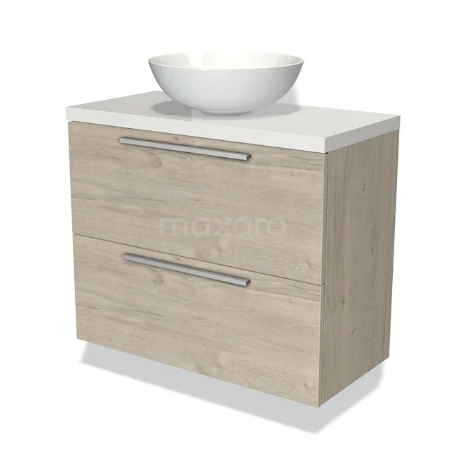 Houten badkamermeubel met waskom, licht eiken design, voorzien van twee lades en metalen handgrepen.