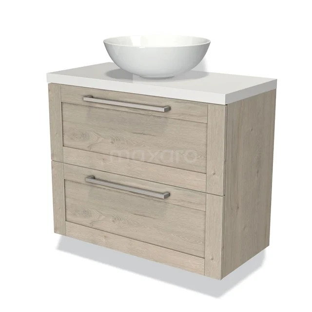 Houten badkamermeubel met twee lades en een witte waskom, modern design ideaal voor stijlvolle badkamerinrichting.