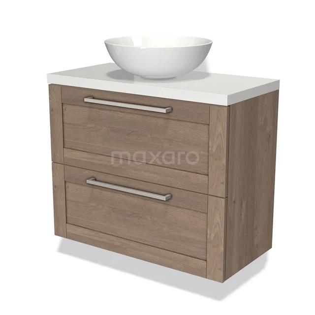 Wooden bathroom unit with two drawers, white ceramic countertop wash basin and rounded metal handles, ideal for modern bathrooms.