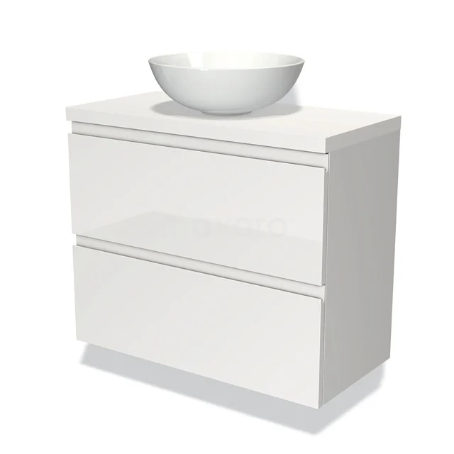 Weiße Badmöbelset mit Waschbecken, schlankes Design, glänzende Oberfläche, ideal für moderne Bäder.