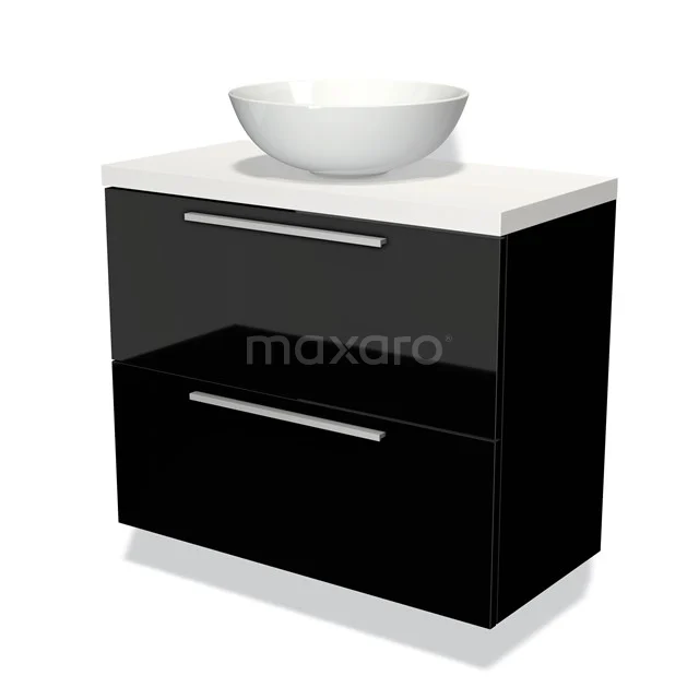 Modulo Plato Slim Vanity units for countertop basin | 80 cm High-gloss black Flat front Matte white worktop 2 Stacked drawers BMK37-01092